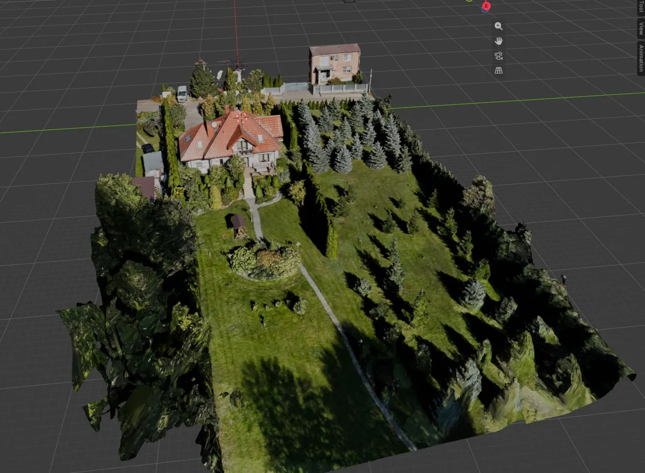 Model 3D budynku i działki z nalotu dronem — widok w Blenderze